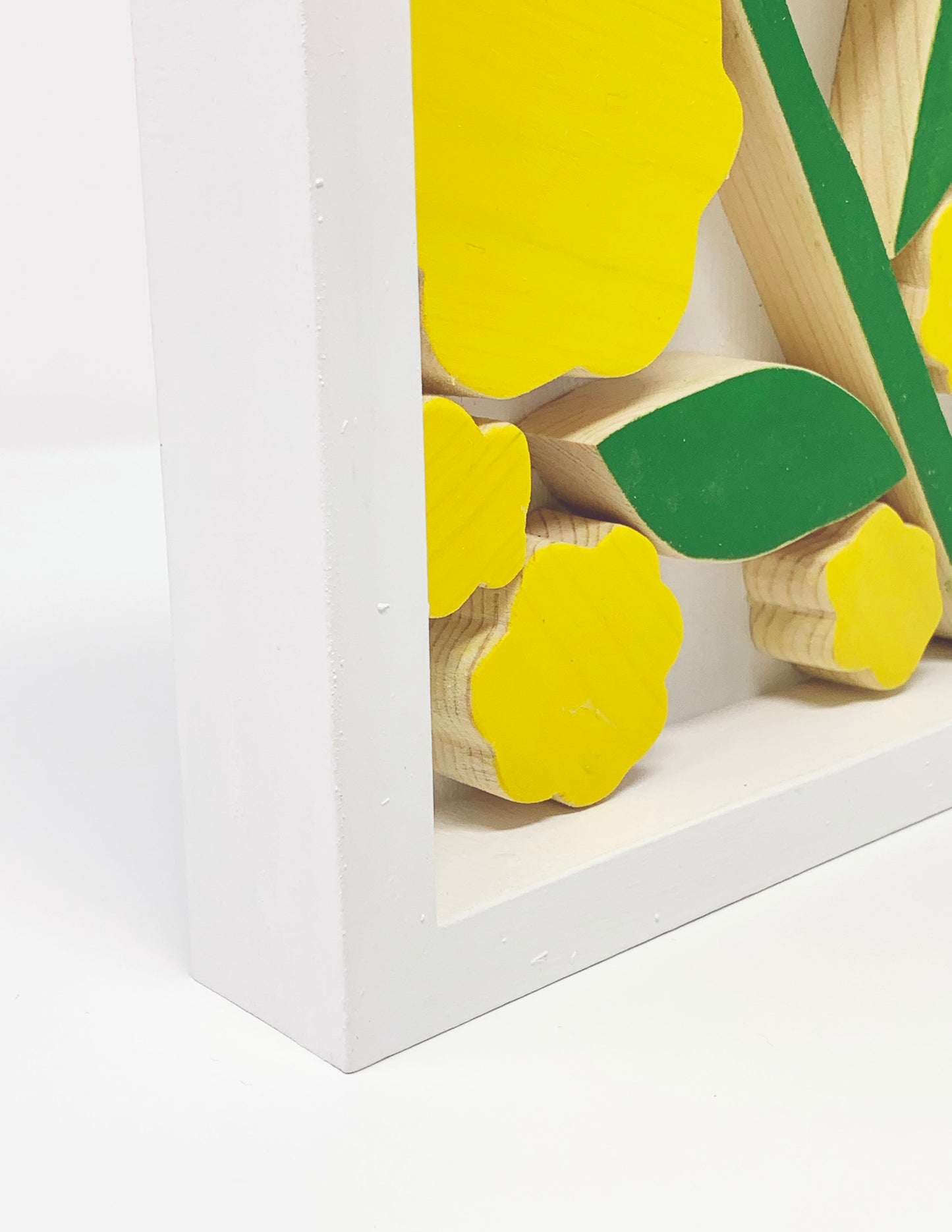 deconstructed yellow flower, dimensional wooden art sculpture