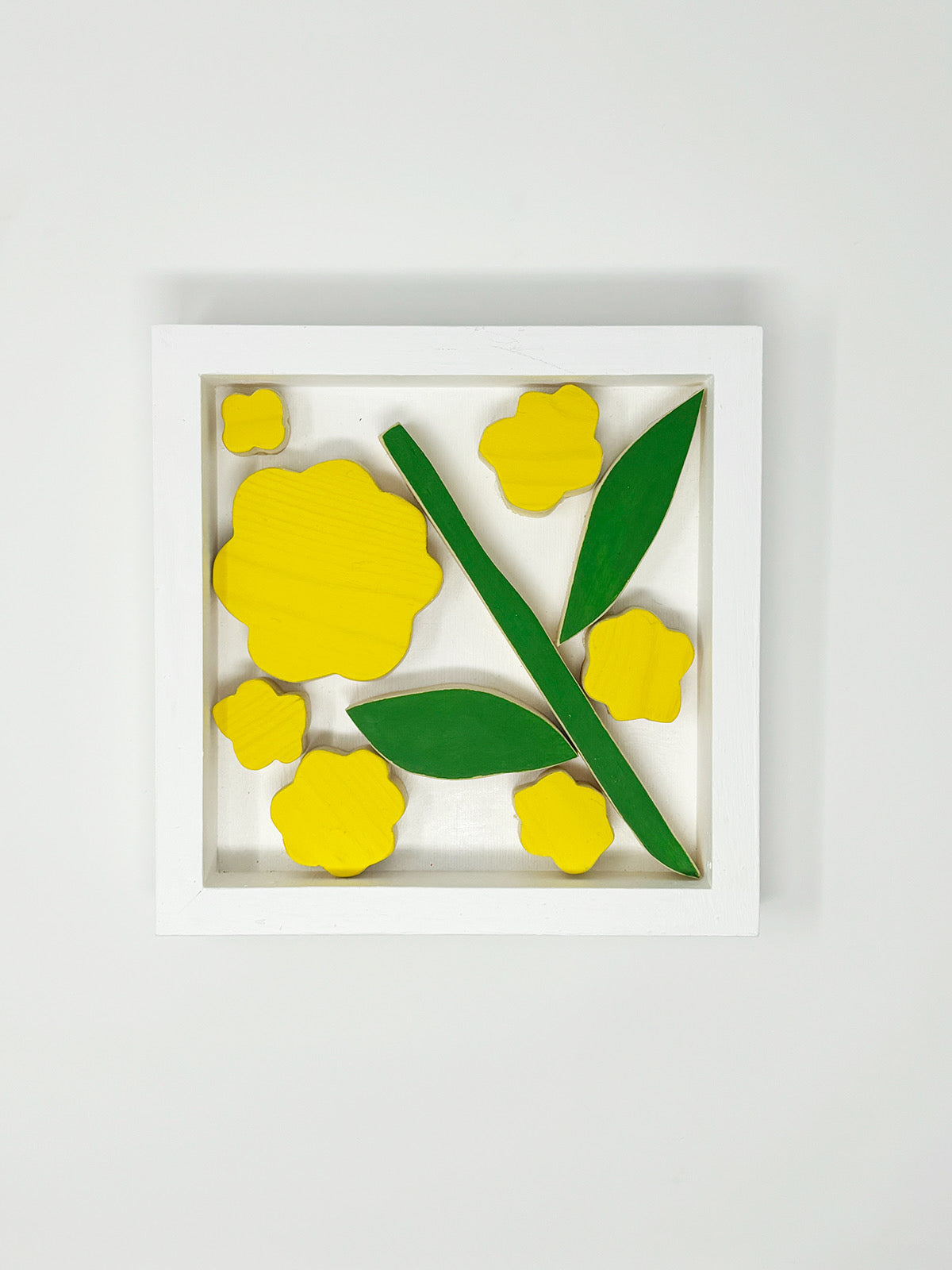 deconstructed yellow flower, dimensional wooden art sculpture