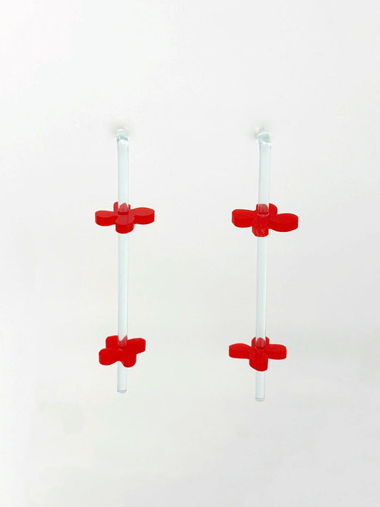 double flower drop earring, blue and red